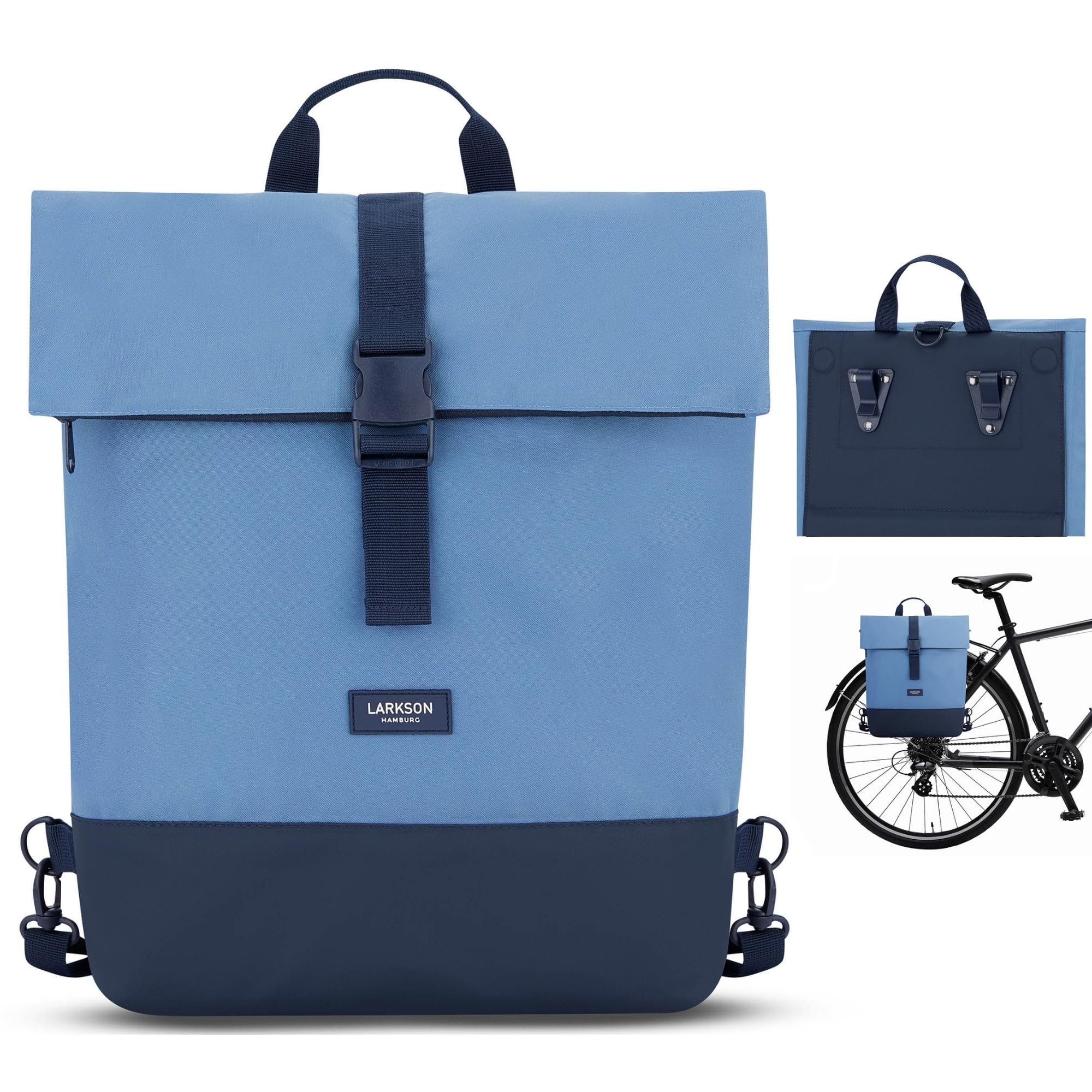 LARKSON Bike Pannier Bags Blue - Tammo Bike - 2 in 1 Cycle Backpack & Bicycle Bag for Rear Carrier, Made of Recycled Material - Water-Repellent
