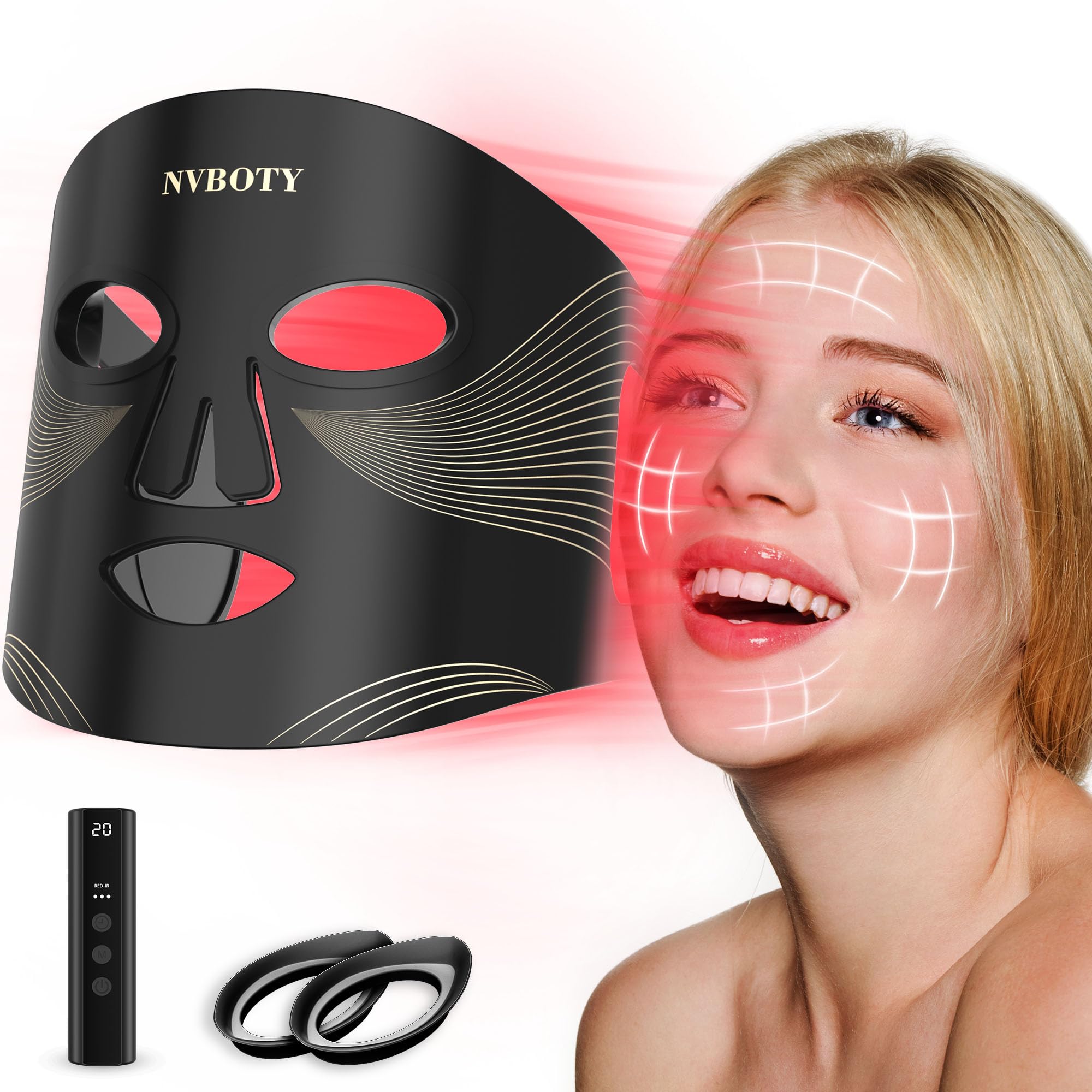 NVBOTY LED Face Mask Light Therapy, 4 Modes Portable Red Light Therapy for Face, 2000mAh Rechargeable Remote, Blue, Orange, 850NM Infrared & Red Light Mask, 400 LEDs, Timing Function (Black) Image