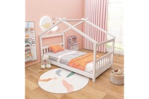 Giantex House Bed Twin, Solid Wood Kids House Bed with Roof, Headboard and Footboard, Low Floor Twin Bed Frame for Toddlers Teens Girls Boys, No Box Spring Needed, White