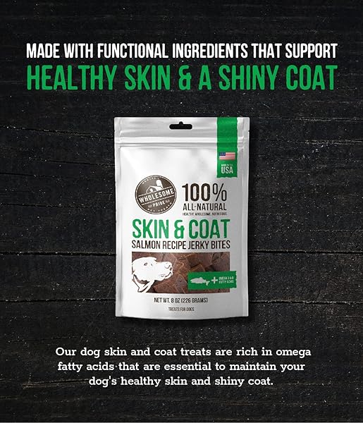WHOLESOME PRIDE FUNCTIONAL DOG SKIN & COAT SUPPORT SALMON RECIPE JERKY BITES DOG TREATS – 8 OZ