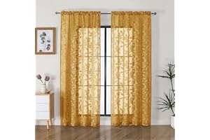 OVZME Gold Sheer Curtains 72 inches Long 2 Panels for Living Room, Jacquard Clip Leaf Pattern Textured Light Filtering Window Semi Sheer Voile Drapes for Bedroom, Each Panel 42 x 72 Inch
