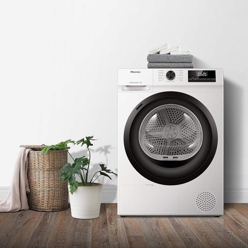 Hisense DHQE800BW2 - Secador de Roupa, 8Kg, Classe A++, 60cm Largura, 16 Programas, Secagem Automática, Secagem Rápida, Secagem Antirrugas, Bomba de Calor, Secagem Ion Refresh, Branco