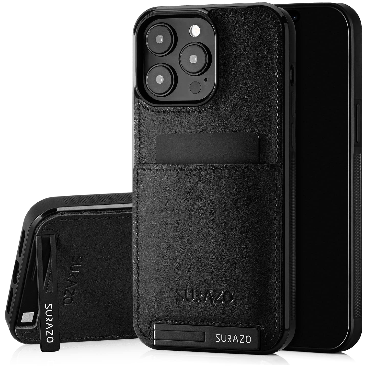 SURAZO Protective Phone Case for Apple iPhone 15 Pro Case - Genuine Leather Cover with Card Holder - Slim Back Case with Foldable Stand and Keychain - Robust Bumper Protector (Black) — image 1