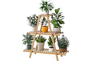 Furshus Bamboo Plant Stand - Indoor/Outdoor 3 Tier Plant Ladder, 8 Potted Flower Holder, Natural