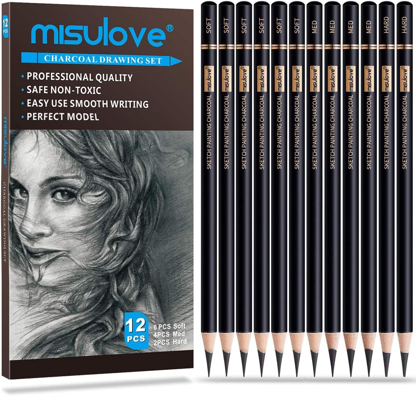 MISULOVE Professional Charcoal Pencils Drawing Set - 12 Pieces Soft, Medium & Hard Charcoal Pencils for Drawing, Sketching, Shading, Ideal Artist Pencils for Beginners & Artists : Office Products