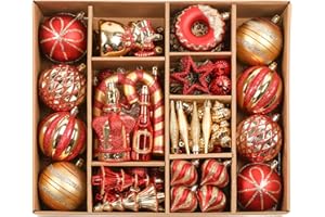 SHareconn 70pcs 2025 Classic Christmas Balls Ornaments Set, Shatterproof Plastic Baubles, Ribbon and Tree Topper for Xmas Tree Holiday Wedding Party Decorations with Hanging Strings, Red and Gold