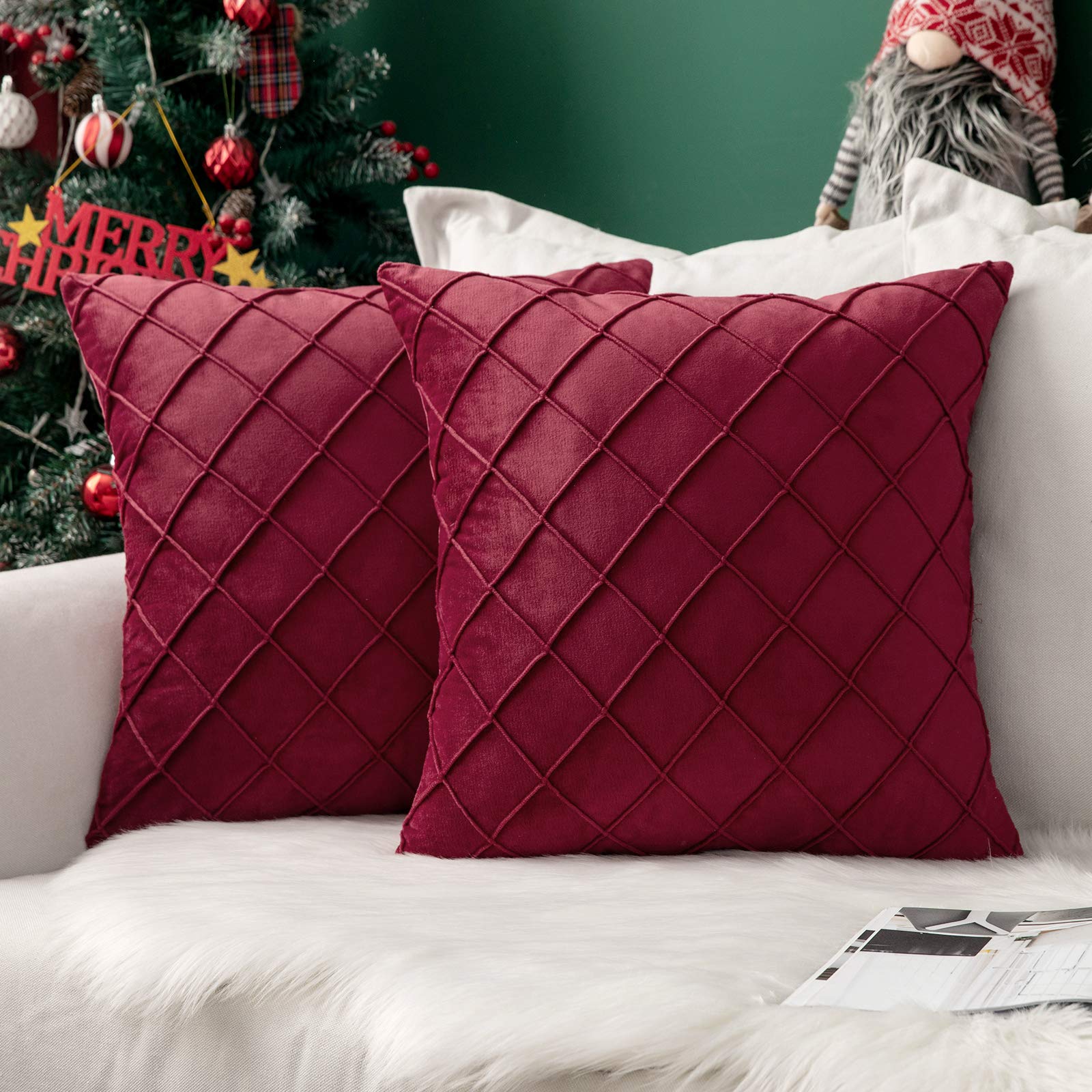 MIULEE Christmas Velvet Cushion Covers Home Decoration with Square Pattern Throw Pillow Covers Super Soft Modern Smooth Washable Pillowcase for Bedroom Sofa 2 Pieces 45x45cm 18x18 Inch Burgundy — image 1