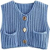 Women's Chunky Knit Vest Button Down Casual Sleeveless Cropped Crochet Sweater Cardigan with Pockets