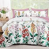WONGS BEDDING Pink Comforter Set Queen Size, 8 Piece Bed in a Bag Colorful Floral Botanical Pattern Comforter with Sheets, Soft Farmhouse Reversible Complete Bedding Set for All Season