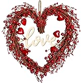 Valentines Day Wreaths for Front Door,14 Inches Artificial Red Berries Valentine Heart Shaped Wreath Decor with Love Wooden Sign,Valentine Heart Wreath for Window Home Indoor,Outdoor