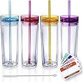 SKINNY TUMBLERS 4 Colored Acrylic Tumblers with Lids and Straws | Skinny, 16oz Double Wall Clear Plastic Tumblers With FREE Straw Cleaner & Name Tags! (Multicolor, 4)