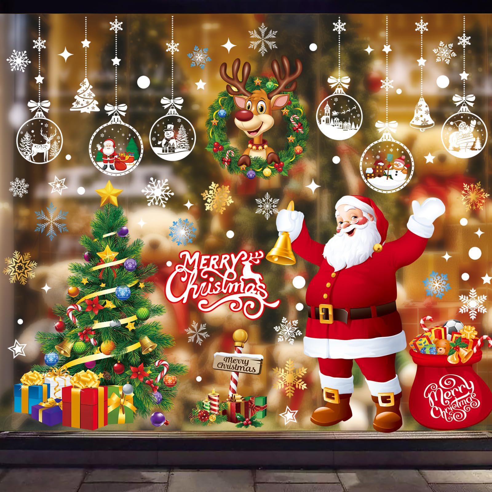 AMLOOPH Christmas Window Stickers Large, 4 Sheets Extra Large Santa Claus Xmas Window Clings Christmas Window Decorations, Reusable Snowflake Window Stickers Christmas Scene Decorations for Windows