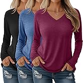 Velvelhall 3 Pack Women's Long Sleeve T Shirts V Neck Raglan Tunic Tops Loose Casual Basic Tee Fall Winter Ladies Outfit