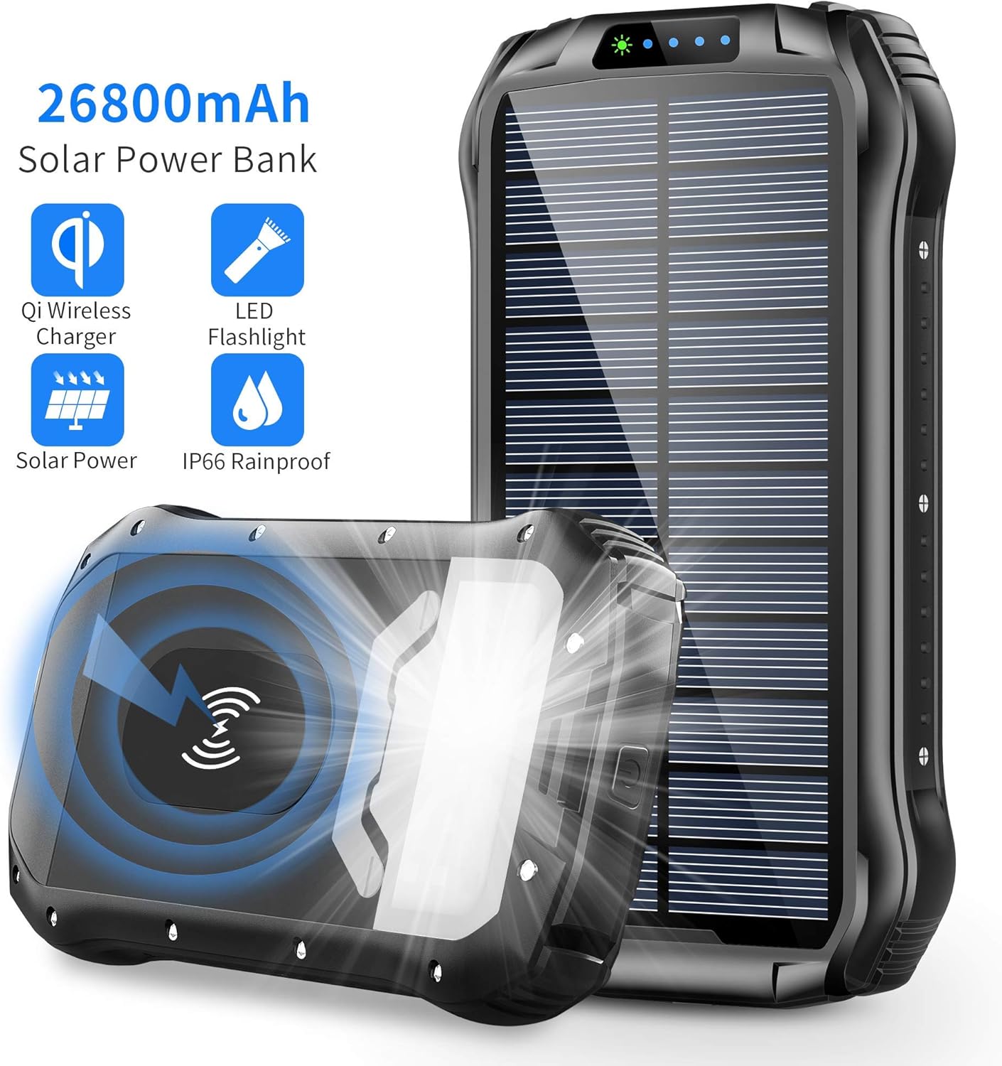 Solar Charger, 26800mAh Portable Power Bank Qi Wireless Battery Panel Charger with 4 Outputs & Dual Inputs Type-C, Waterproof External Backup Battery Pack with 18 LEDs Flashlight for Phones