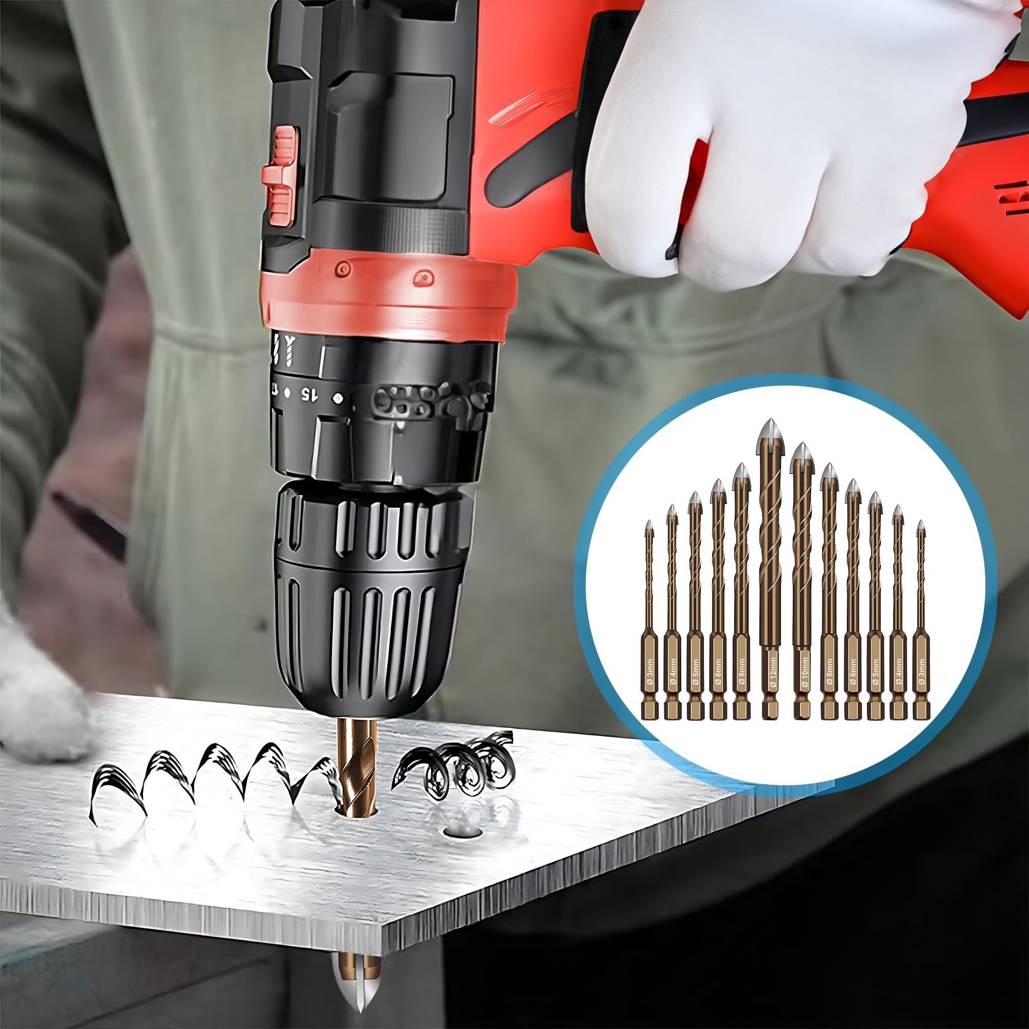 Fliesenbohrer Set 12 tlg, Glasbohrer Set Ø 3-12 mm, Universalbohrer Keramikbohrer mit Sechskantschaft, für Metall Ziegel Glas Kunststoff Holz 6