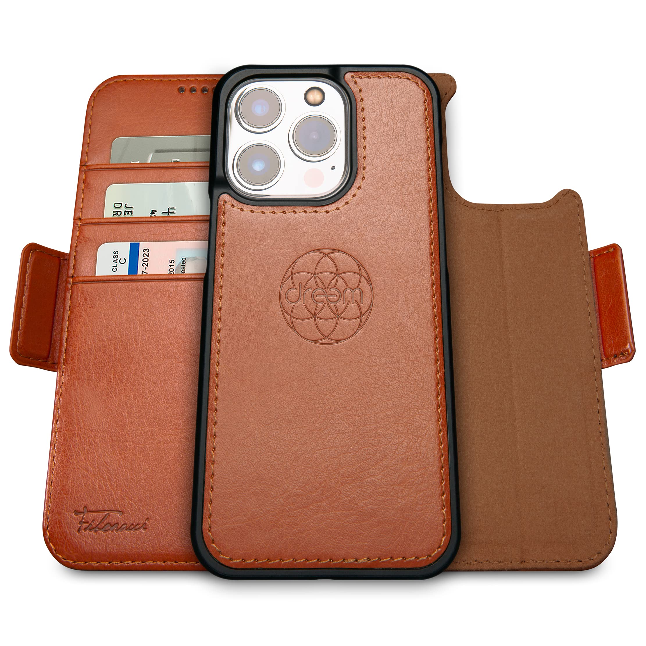 dreem Wallet Case for iPhone 14 Pro, 2 Way Phone Stand, Magnetic Detachable Vegan Leather Flip Cover RFID Blocking Card Holder, MagSafe-Fit, Gift Box [Fibonacci: Caramel]