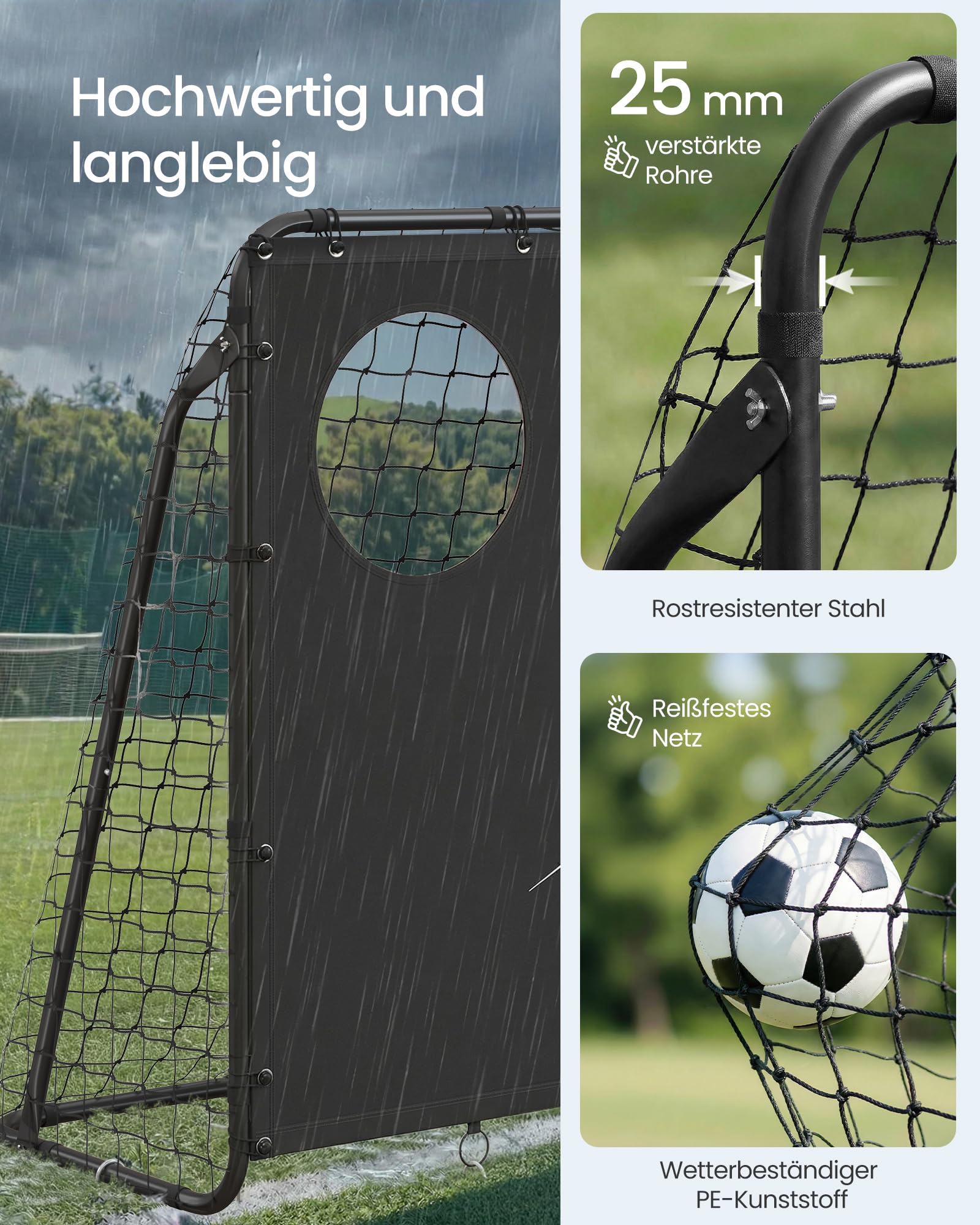 SONGMICS Fußballtor, mit Torwand, für alle Altersgruppen, Stahlrohre, PE-Netz, Outdoor, Garten, Strand, ‎215 x 76 x 150 cm, 2 Zielöffnungen mit Zählfunktion, schwarz SZQ215B02 4