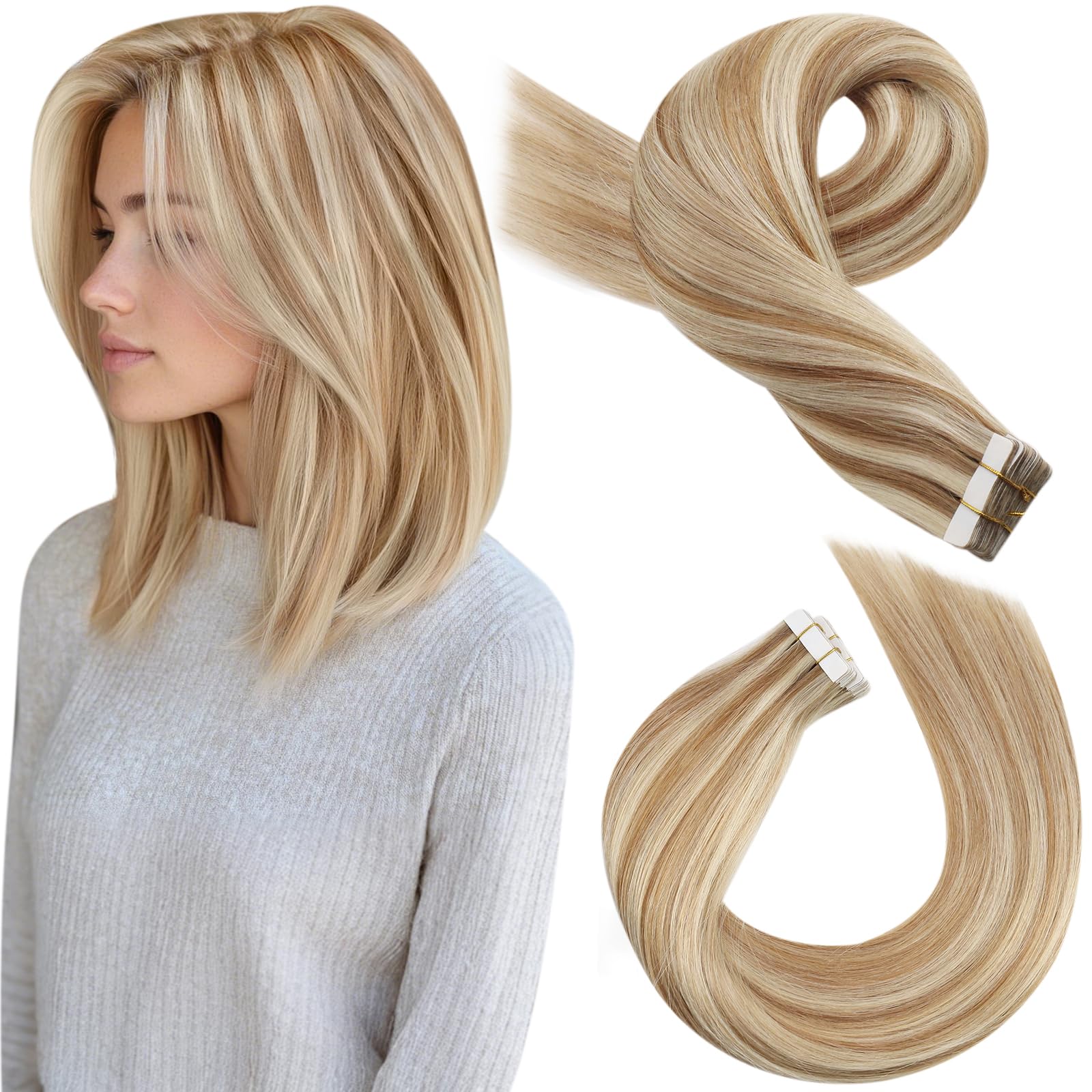 Moresoo Blonde Tape in Hair Extensions Real Hair Highlight Medium Brown with Platinum Blonde Hair Extensions Tape in Remy Straight Human Hair 12 Inch 20 Pieces/30g #P6/60 — image 1
