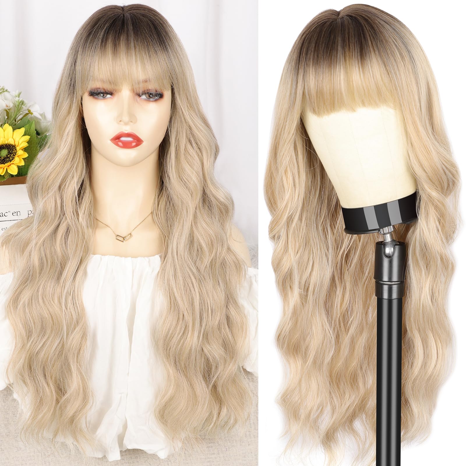 40 discount on POPTAIYU Ombre Pink Wig with Bangs Long Wavy Wig With