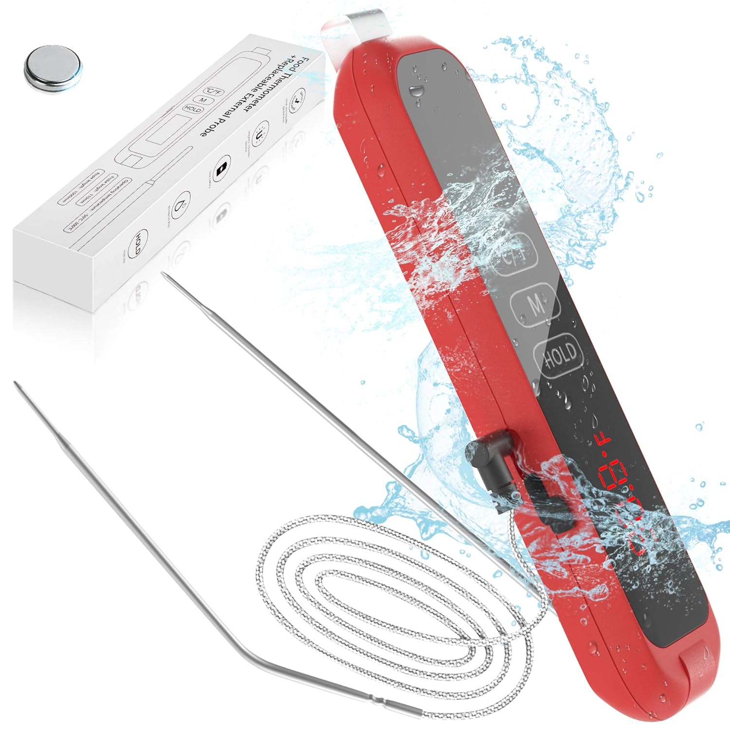 Instant Read Meat Thermometer, Dual Probes, Precise Reading, HD LED Display, Temperature Alarm,Touch-Sensitive Buttons,Waterproof Food Thermometer with Foldable Probe for Kitchen BBQ Grill(Red)
