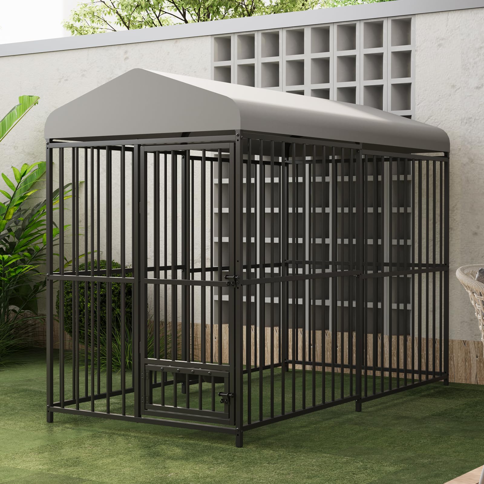 Photo 1 of 8X4x6FT Large Outdoor Dog Kennel, Heavy Duty Metal Dog Cage with Waterproof Roof, Rotating Feeding Bowl and Lock, for All Dog Breeds, for Backyard