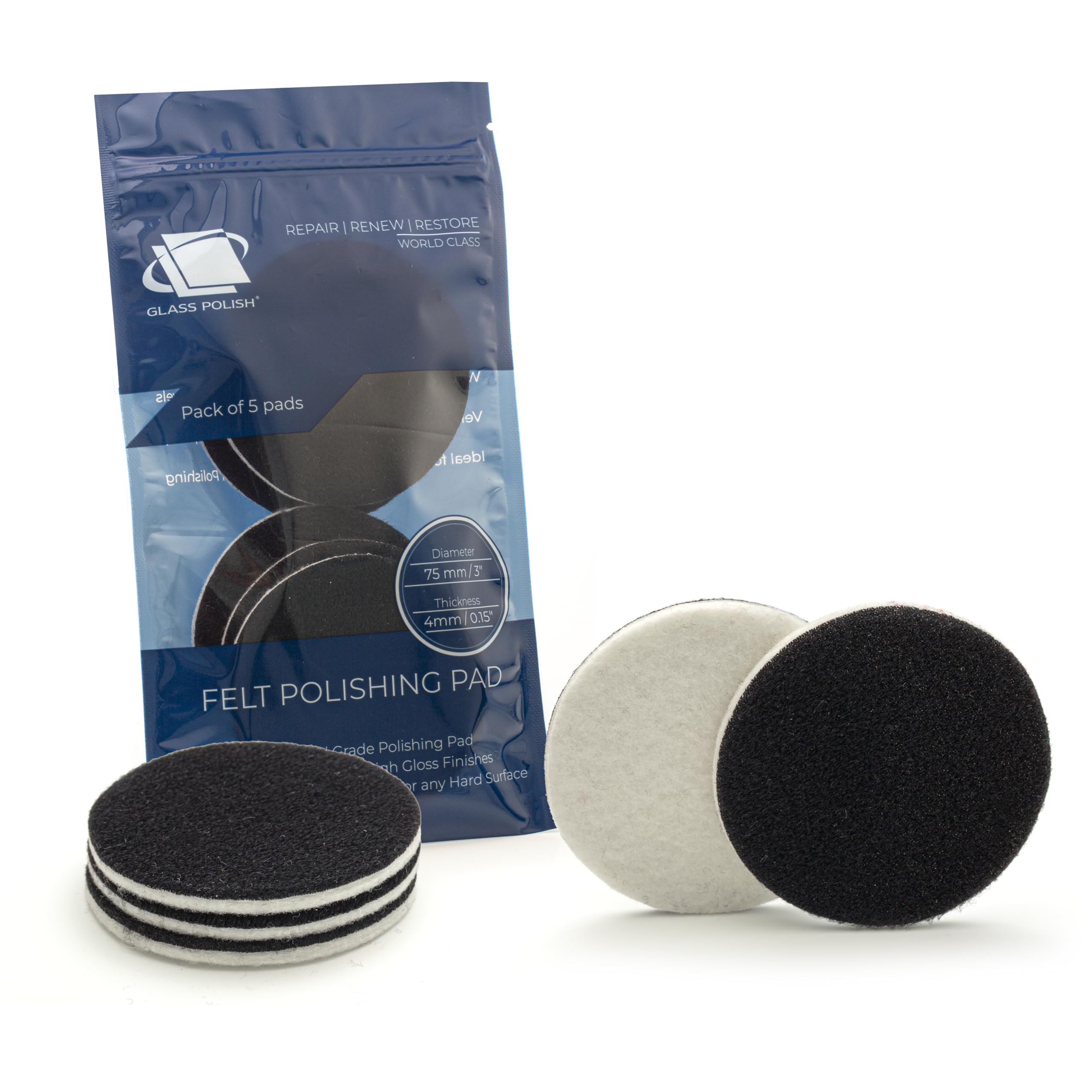 GLASS POLISH PRO 5 Felt Polishing Pads 75mm (3”) for Cerium Oxide Glass Polishing, Scratch Removal and High Gloss Finish on Glass, Plastic, Metal, and Marble