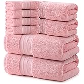REDKISS Pink Towel Set of 8-100% Cotton Luxury Bath Towels Set for Bathroom, 600 GSM Highly Absorbent Bathroom Towel with 2 Large Bath Sheet, 2 Hand, 4 Washcloths, Pink Shower Towels for Dorm