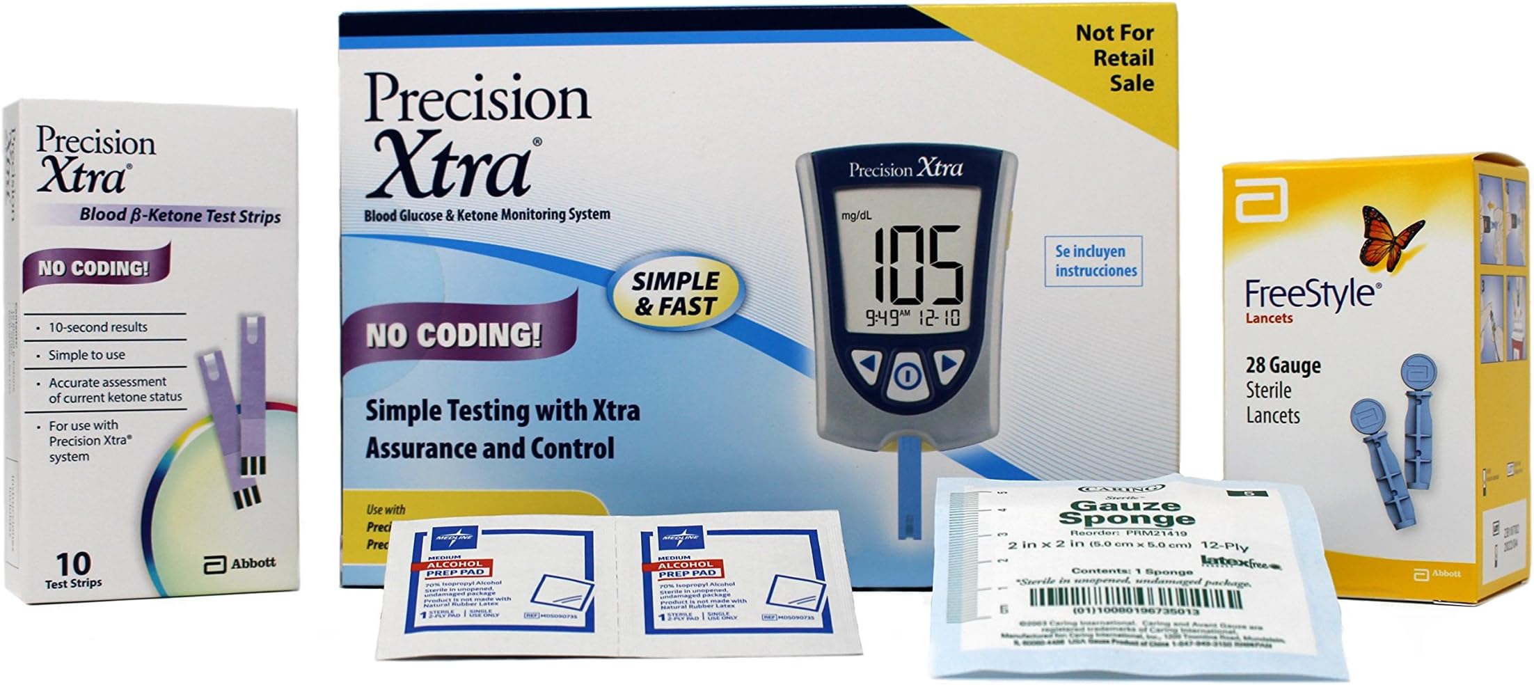 Precision Xtra Abott Diabetic Monitoring System Bundle Kit – Glucose Meter Glucose Test Strips Ketone Strips Sterile Lancets Gauze Pads Alcohol Wipes Great for Travel Simple Testing,