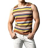 JOGAL Mens Rainbow Striped Sleeveless Shirts Multicolored Casual Tank Top | Wrinkle Free, High Stretch, Slim Fit, Muscle Style, Mesh Shirt, Fashion Summer Clothes