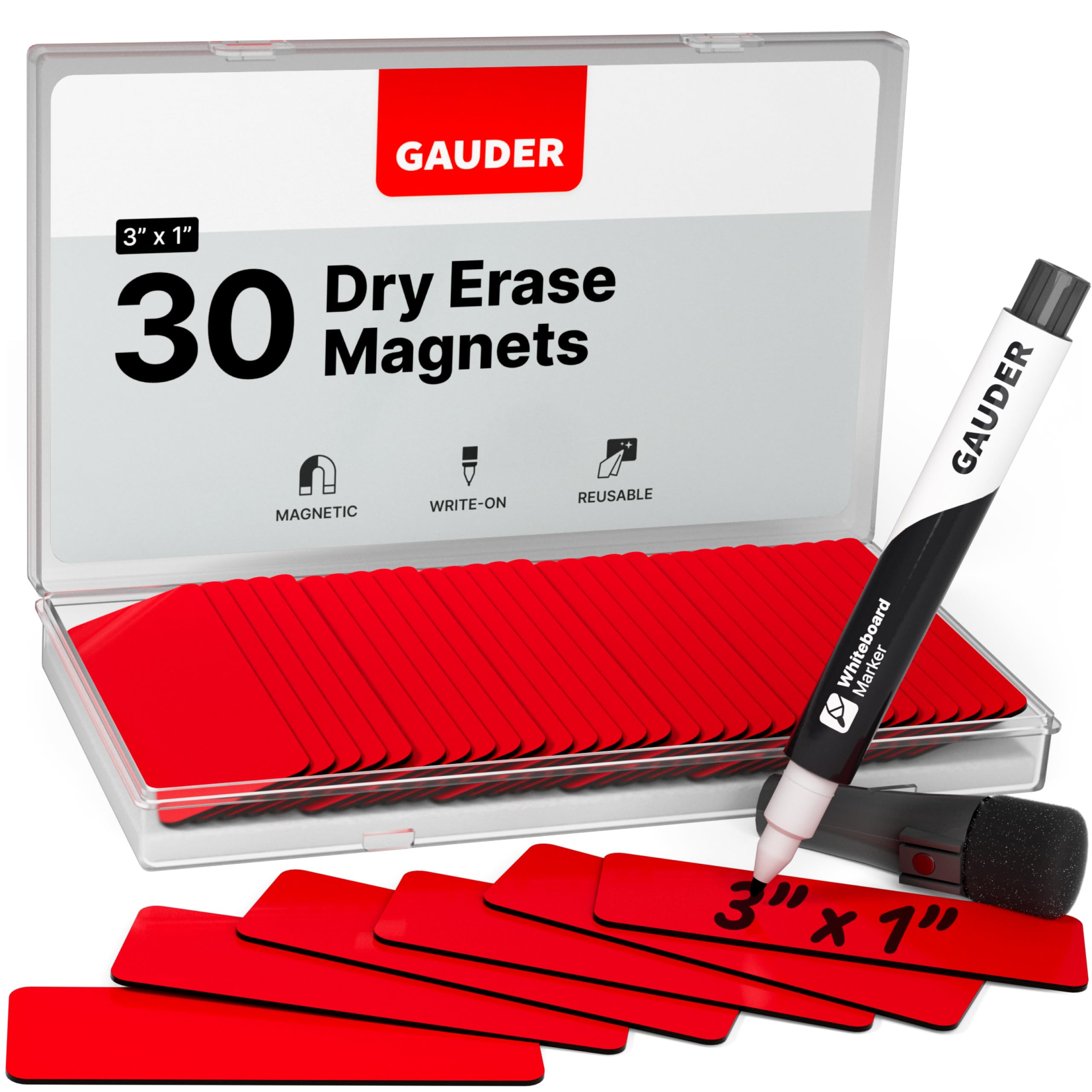 Photo 1 of GAUDER Magnetic Dry Erase Labels | 30x Magnetic Labels (3 Inches x 1 Inch) | Dry Erase Magnets for Classroom, Whiteboard and Blackboard