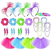 24Pcs 80s Neon Workout Costume Accessories Set Tutu Skirts 90s Headband 1980s Earrings for Women Necklace Silicone Bracelet Scrunchies Neon Outfit 80s Party