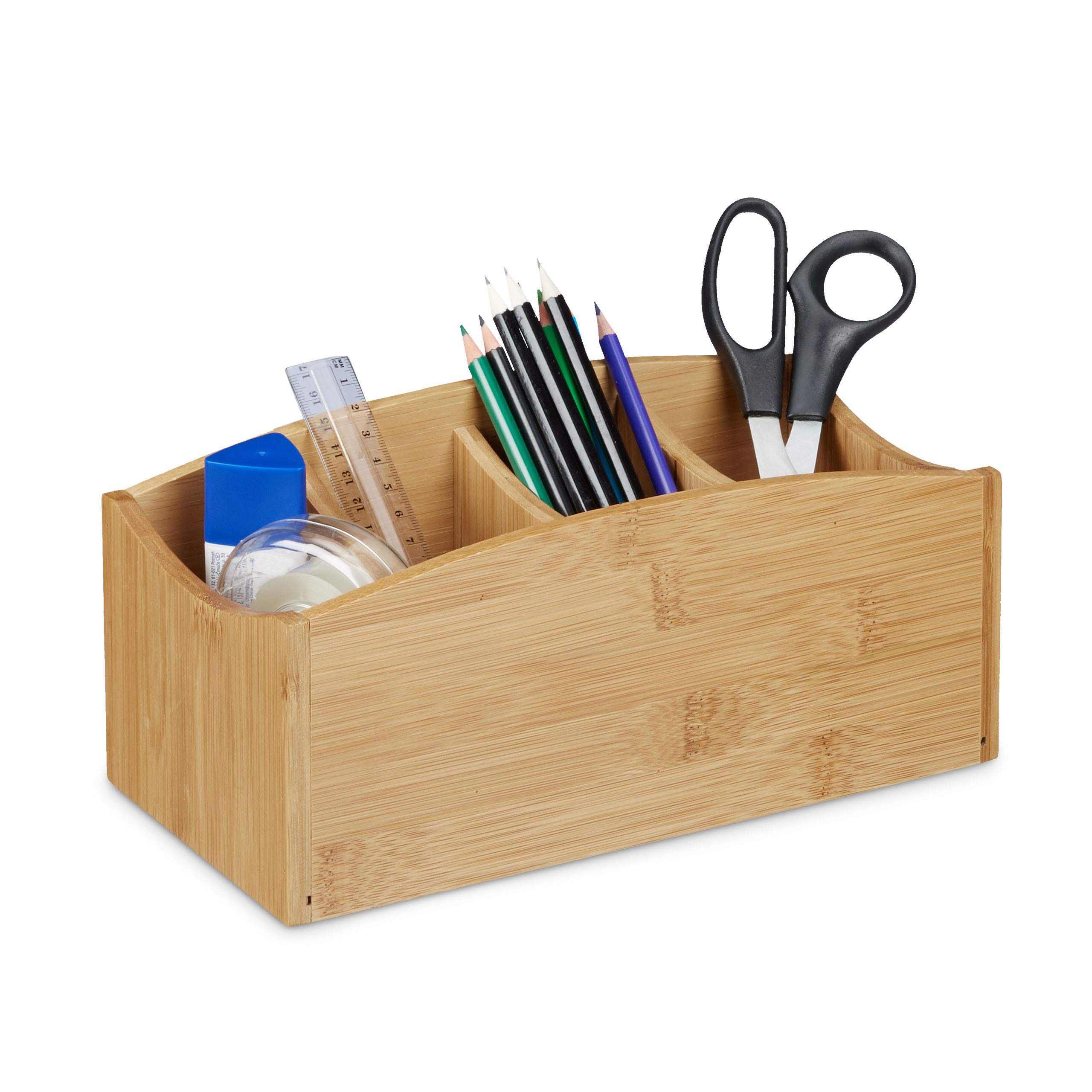 Relaxdays Bamboo Desk Organiser, Pencil Holder with 4 Compartments, Wood Grain, Size: ca 11.5 x 26 x 13 cm, Natural Brown, 13 x 26 x 11.5 cm