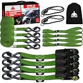Jack Boss 2200 LB Break Strength Ratchet Straps Heavy Duty 4 Pack -15 FT, Ratchet Tie Down Straps with Safety Lock S Hooks for Moving Appliances Motorcycle ATV Truck, Soft Loop Tie Down Straps, Green