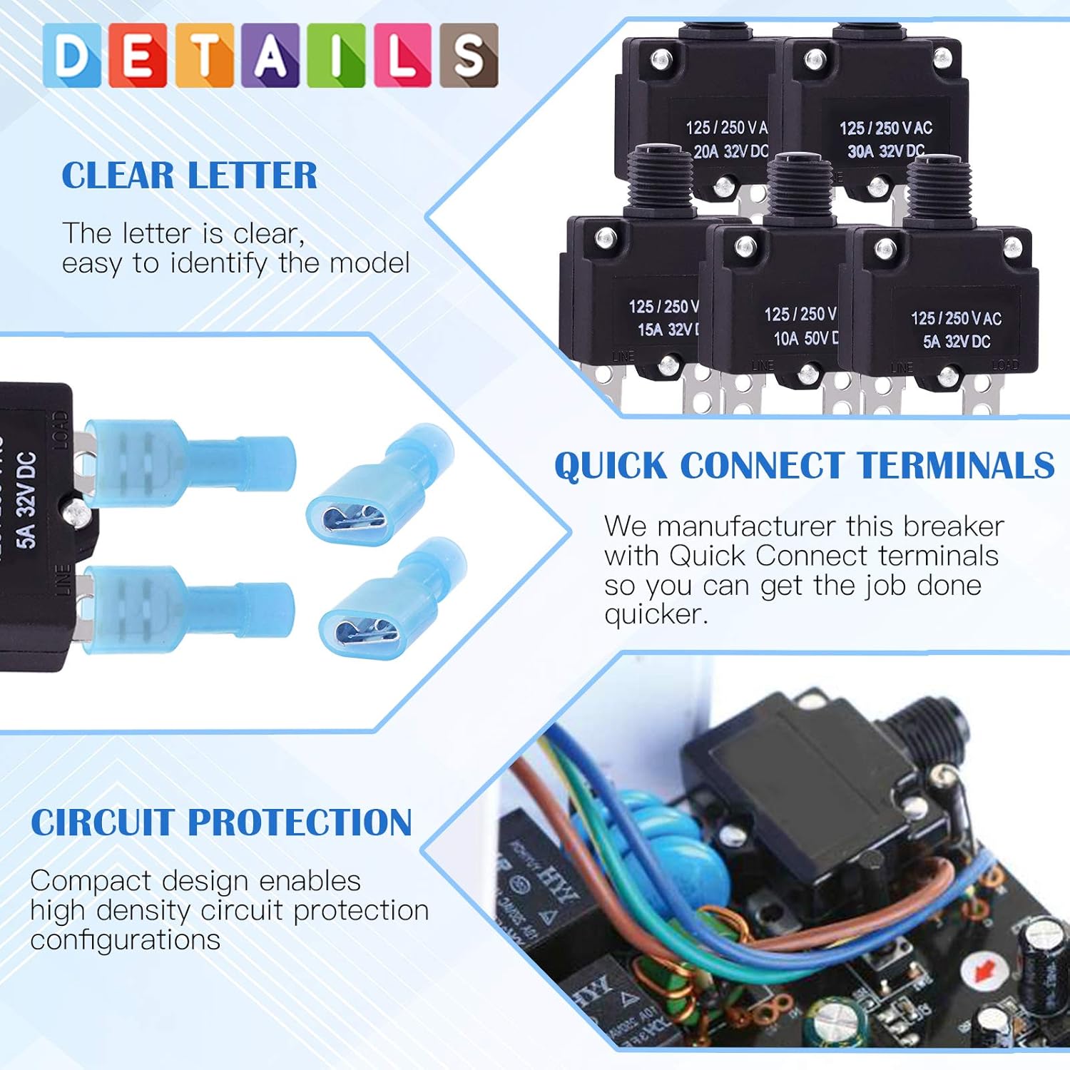 Glarks 30Pcs 5A 10A 15A 20A 30A Circuit Breakers Thermal Overload Protector Switch with Manual Reset 32VDC, AC125-250V With Quick Connect Female Spade Terminal and Waterproof Button Caps - - 