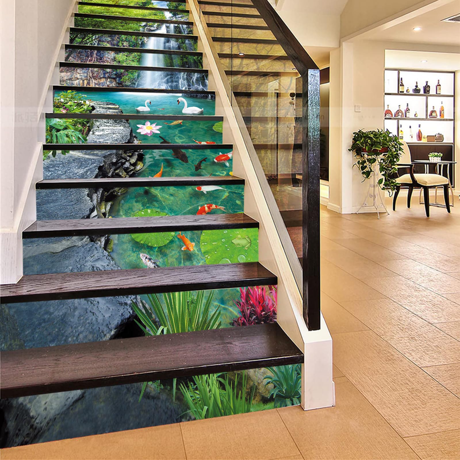 FLFK 13Pcs Stair Risers Stickers Peel and Sick 39.37"x7.08",Self-Adhesive Staircase Stickers Decals, Garden Landscape Mural Wallpaper for Stair Steps