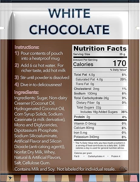 DOUBLE DONUT WHITE HOT CHOCOLATE MIX PACKETS, FLAVORED WHITE HOT COCOA MIX PACKETS, 18 COUNT