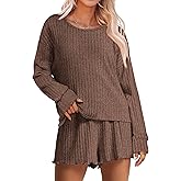 ANRABESS Women's 2 Piece Lounge Pajama Sets Casual Ribbed Long Sleeve Top Matching Shorts Sleepwear PJ Set 2025 Fall Outfits