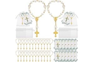 Jeyiour 96 Pcs Christian Catholic Favor Set Include 32 Finger Christian Rosaries Beads with Crucifix, 32 Organza Bags and 32 God Bless Tags Christening Wedding Party Favors(White Gold)