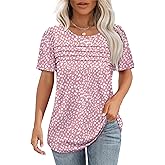 OFEEFAN Womens T Shirts Short Sleeve Tops Dressy Casual Blouses Spring Summer Outfits Flowy Pleated Front Scooped Neck