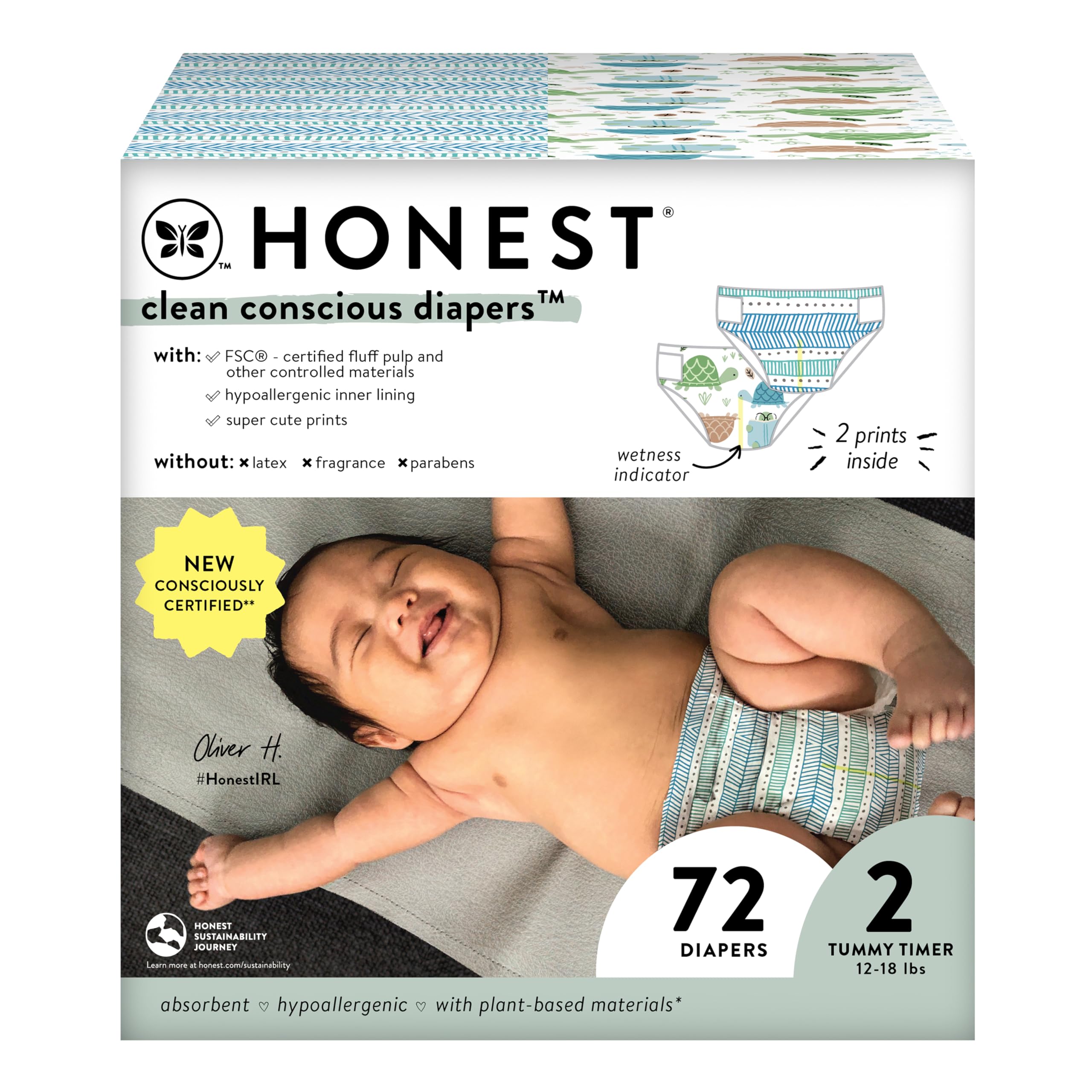 Photo 1 of The Honest Company Clean Conscious Diapers for Sensitive Skin | Hypoallergenic, Fragrance Free | Gender Neutral Prints | Club Box, Size 2 (12-18 lbs), 72 Count