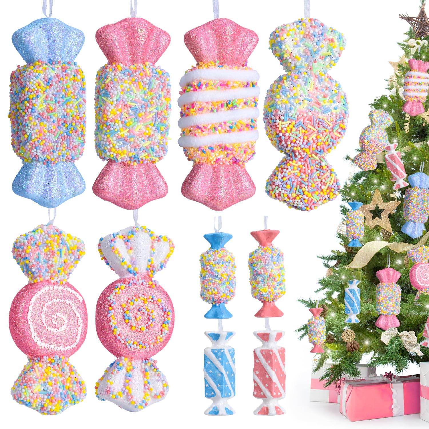 Photo 1 of 10 Pcs Pastel Candy Land Christmas Ornaments Set, Assorted Cute Macaron Color Candy Dessert Hanging Pendant Decorations for Xmas Tree, Kids Birthday Party, Home Holiday Decor Supplies