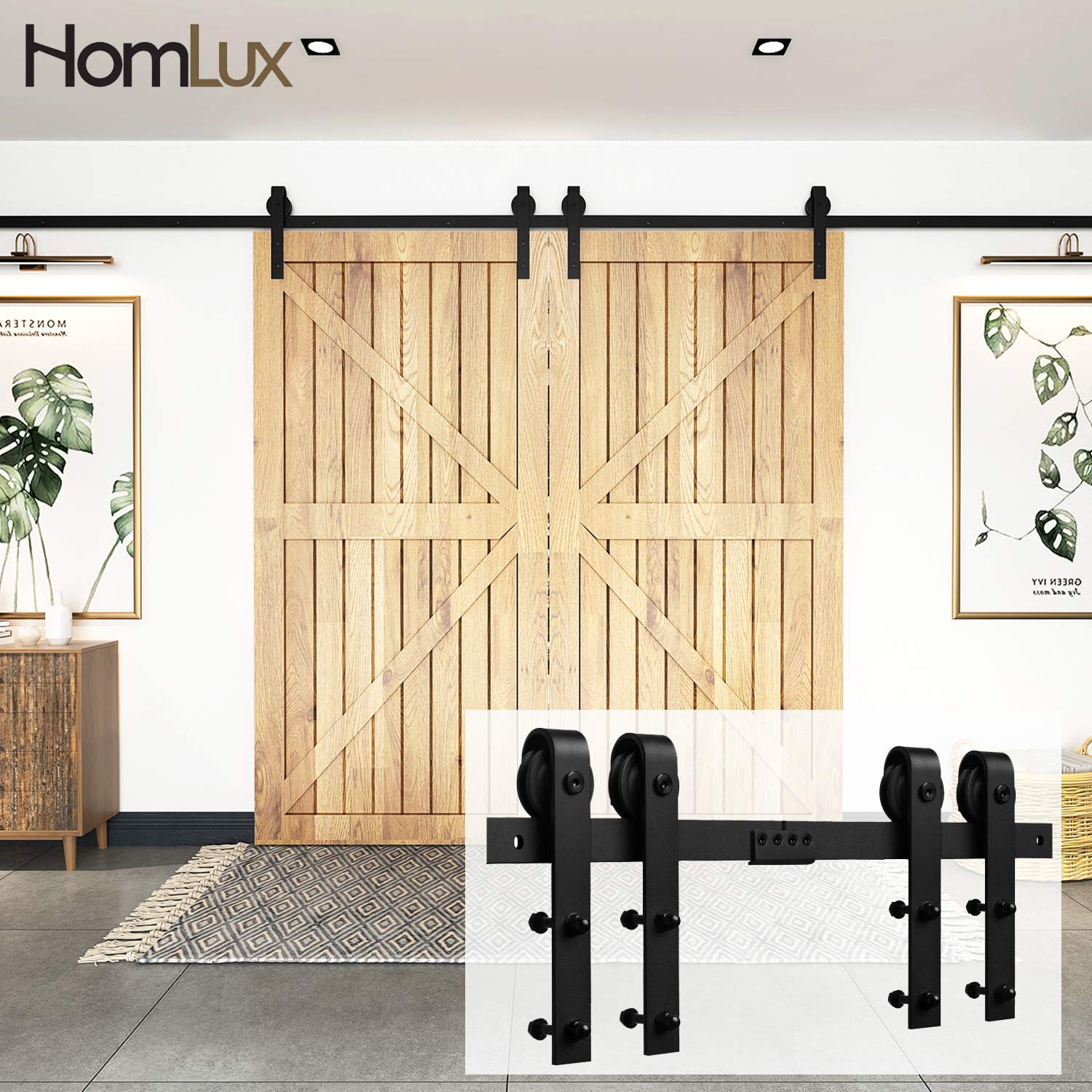 HomLux 9ft Double Door Heavy Duty Sliding Barn Door Hardware Kit -Smoothly and Quietly - Simple and Easy to Install - Fit 1 3/8-1 3/4" Thickness Door Panel(J Shape Hangers)