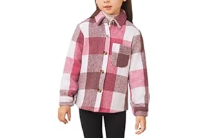 Fdqin Girls Flannel Shirts Fall Jacket Cute Button Down Plaid Shirt Long Sleeve Fleece Shacket with Pocket 4-12 Years