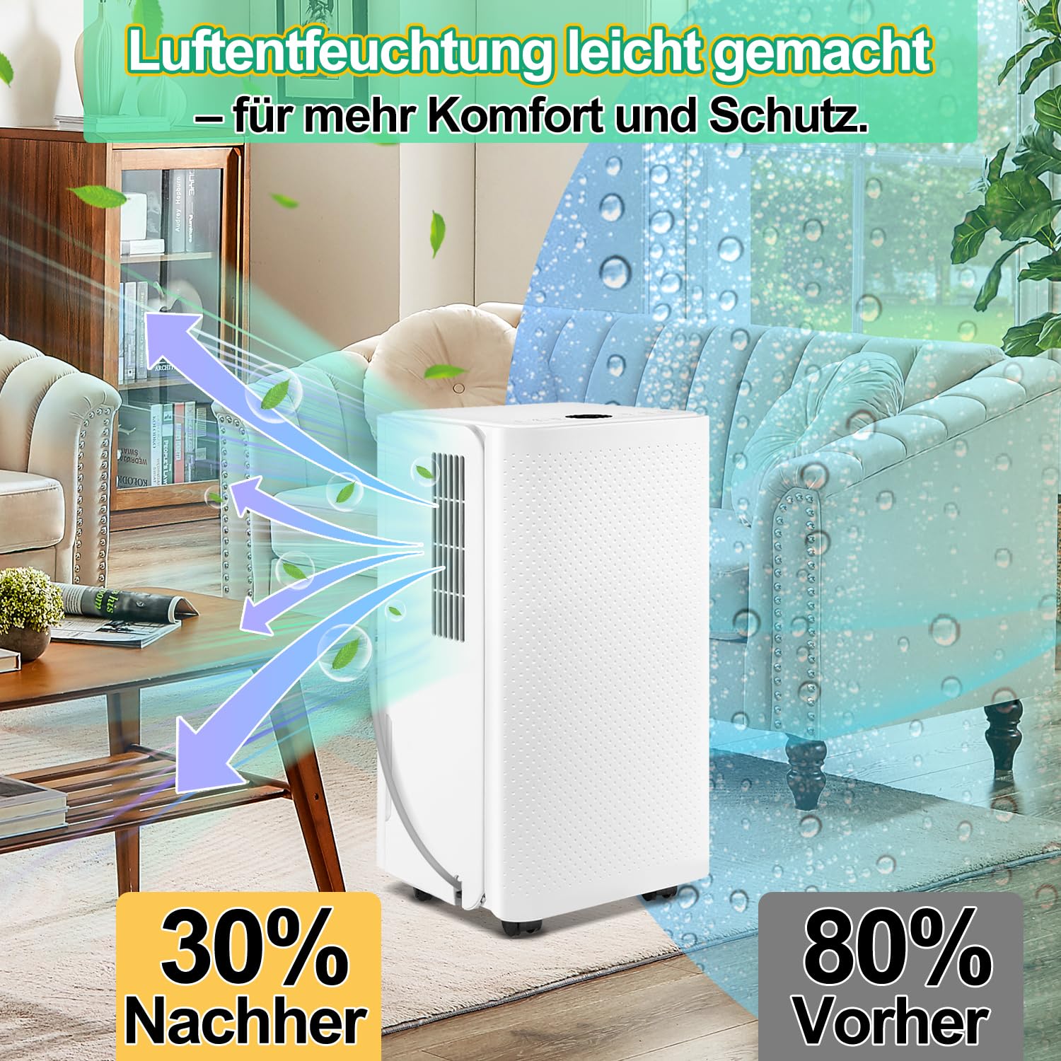 EINFEBEN Luftentfeuchter 16L/24h Entfeuchtungsleistung - für Raumgröße ca. 160m³ (~60 m²)- mit 4 Betriebsarten, Farbtemperatur-Tipps, Ablaufschlauch, Timerbetrieb, Abtaufunktion