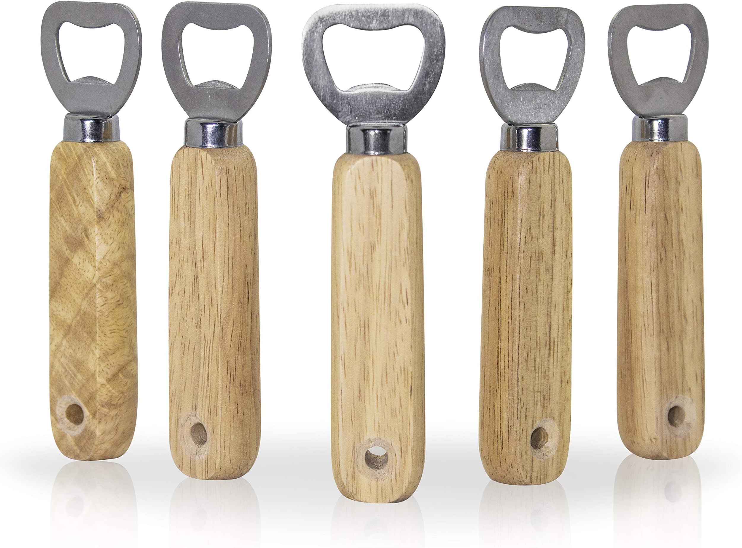Handheld Bartender Bottle Openers, Set of 5, Beer Bottle Openers, Cider, Soft Drinks, Sauces and Condiments, Smooth Comfortable Wood Handle with Stainless Steel Opener, Fast and Easy to Use