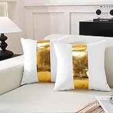 TAOSON Pack of 2 Velvet Decorative Throw Pillow Covers White Patchwork with Gold Striped Leather Pillow Covers 18 × 18 Inch Cushion Covers Decor Living Room Sofa Bedroom Car Only Cover No Insert