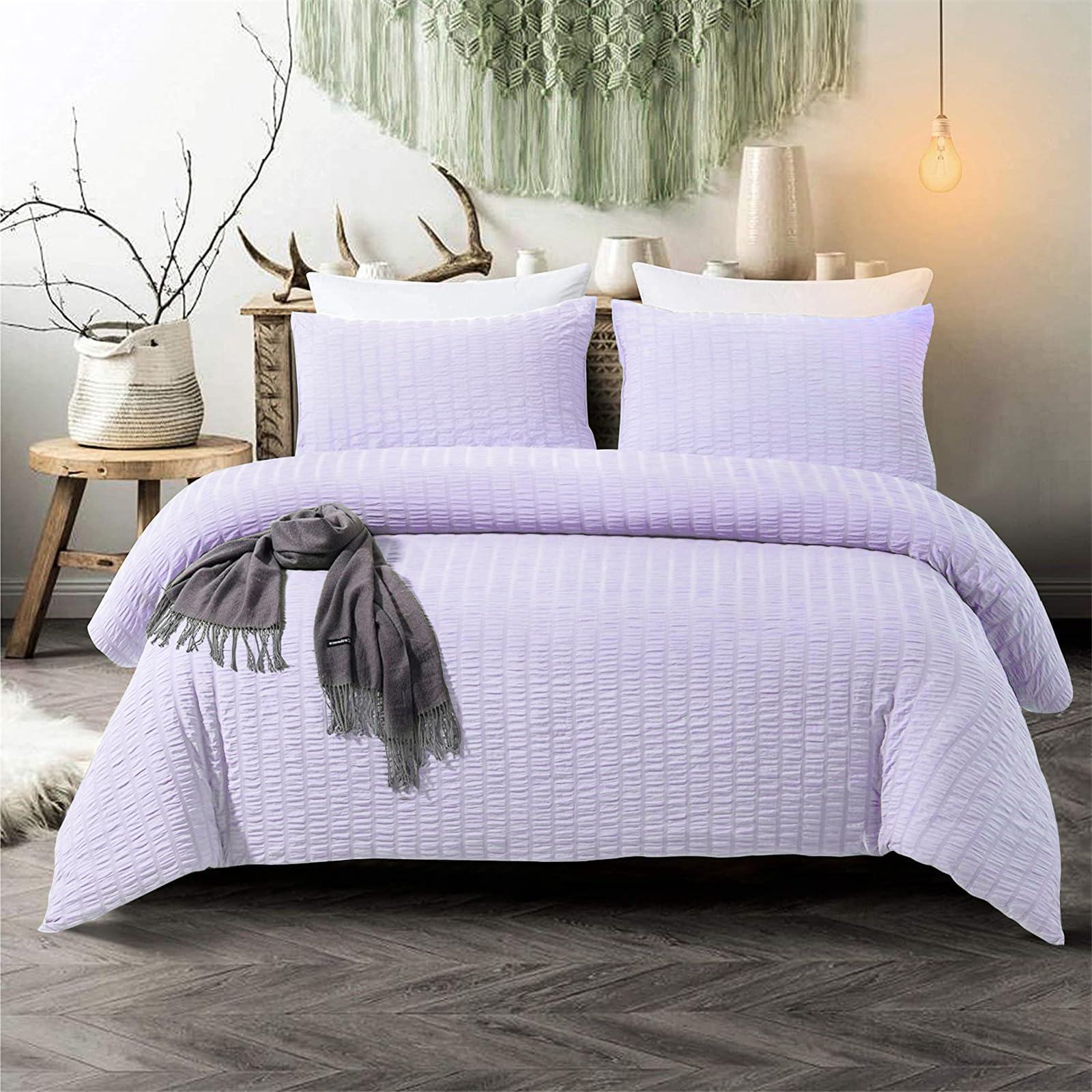 3 Pieces Lavender Purple Seersucker Duvet Cover with 2 Pillowcases Seersucker Bedding Set with Zipper Closure,Soft Microfibre,Double Size 200×200cm