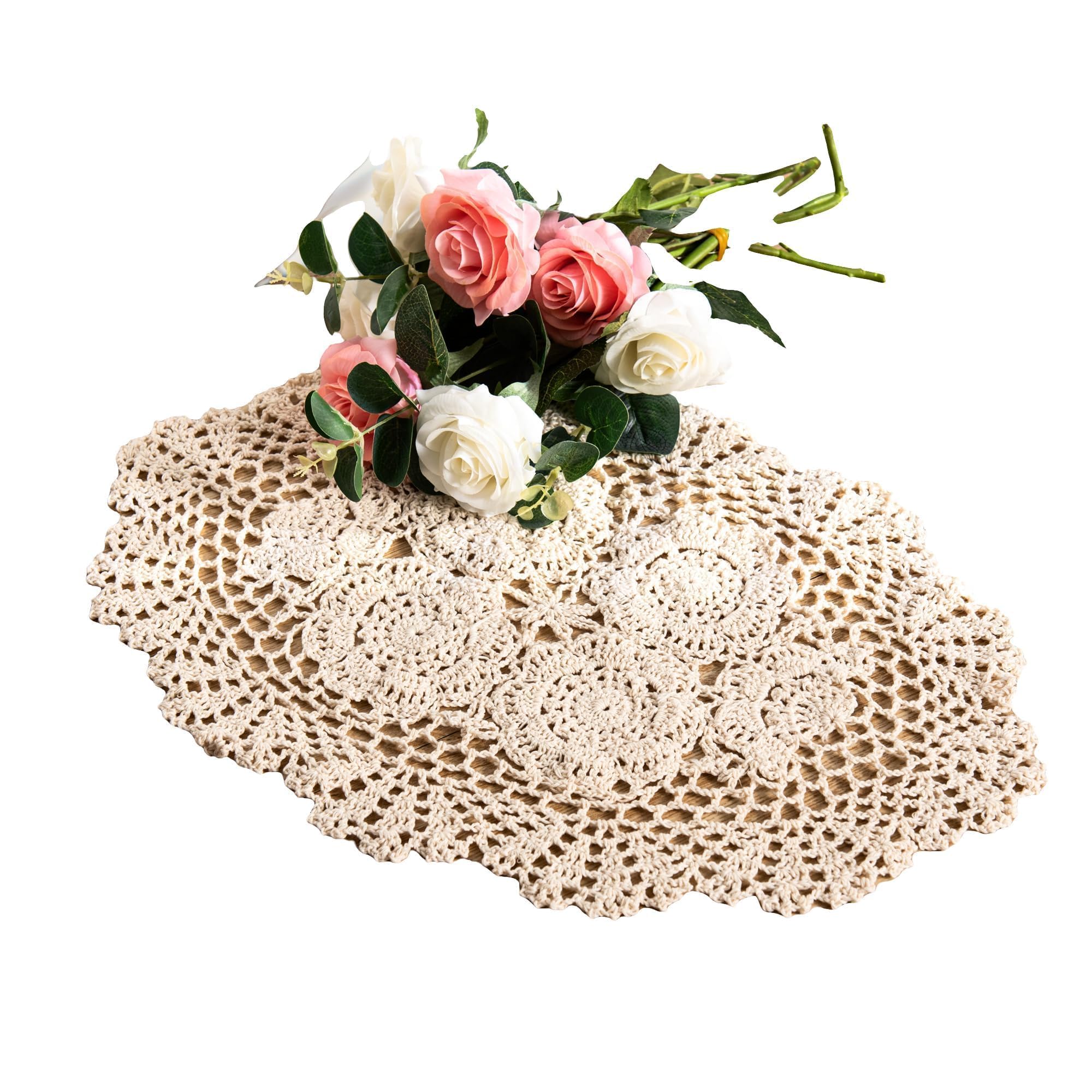 Eiyye 2 Pcs Crochet Cotton Lace Table Placemats Handmade Doilies, 12 x18inch (Beige)