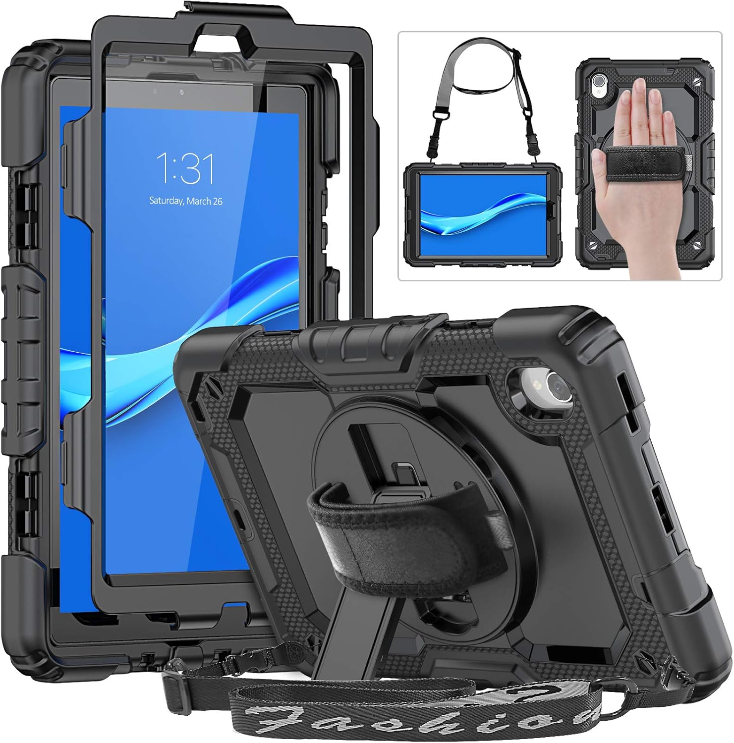 HXCASEAC Case for Lenovo Tab M8 8.0 inch, Heavy Duty Shockproof Case with Screen Protector, 360 Degree Rotating Stand/Hand Strap, Shoulder Strap, Pencil Holder for Lenovo Tab M8 TB-8505F/8505X, Black