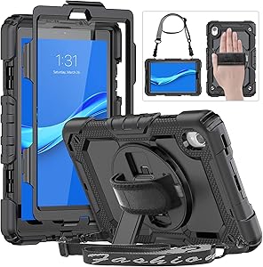 HXCASEAC Case for Lenovo Tab M8 8.0 inch, Heavy Duty Shockproof Case with Screen Protector, 360 Degree Rotating Stand/Hand Strap, Shoulder Strap, Pencil Holder for Lenovo Tab M8 TB-8505F/8505X, Black